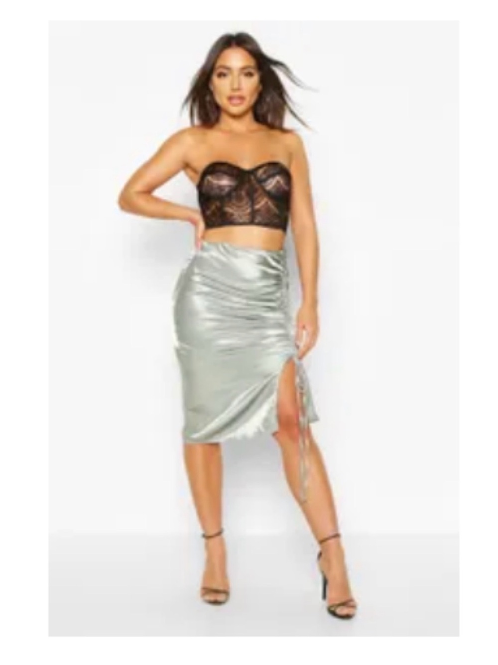 Boohoo Sage Green Satin Ruched Midi Skirt US 4 Small S